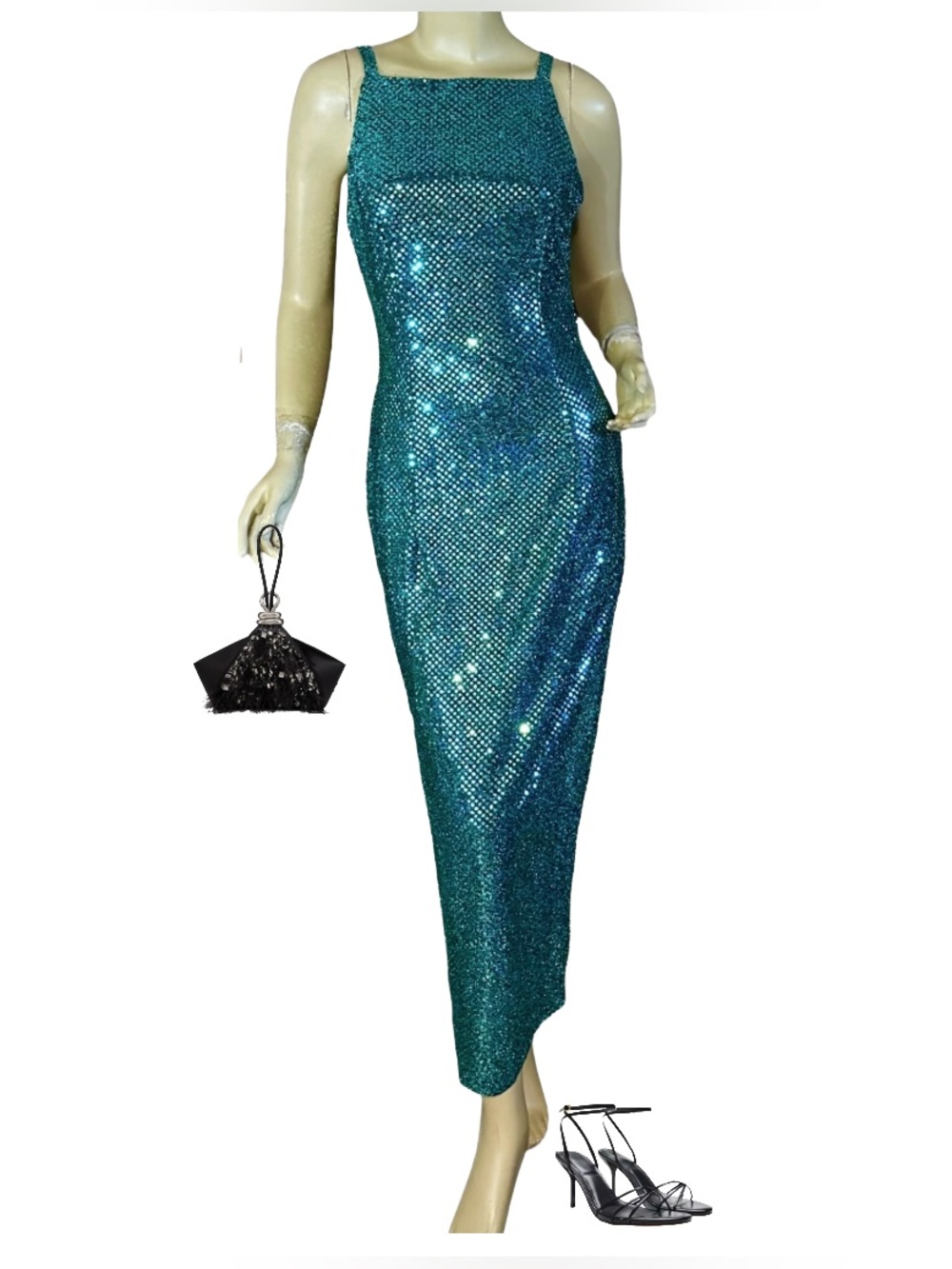 VINTAGE 1990'S ALL THAT JAZZ TEAL/AQUA SEQUIN MESH FORMAL DRESS (5/6)